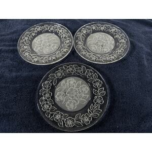 Vintage Floral Pressed Glass Plates Set of 3 Frosted Center 9”